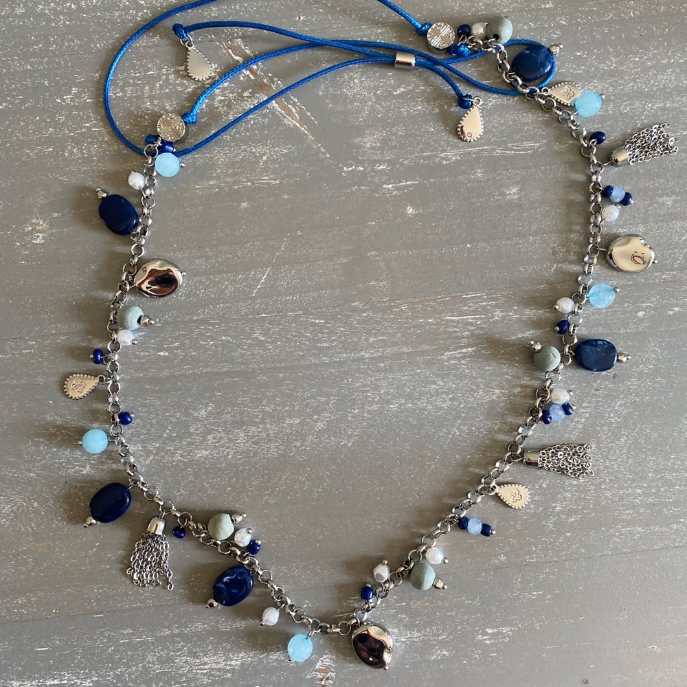Gorgeous Blue & Silver Multi-charm Statement Necklace Adjustable